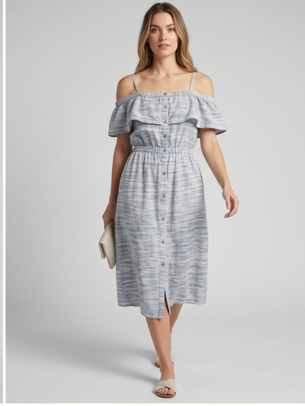 Lucky Brand Linen Striped Space-Dye Smocked Waist Button-Down Midi Dress